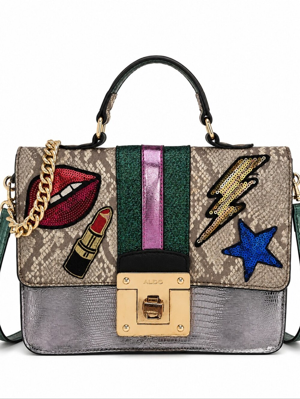 Aldo Embellished Patch Crossbody Bag  Metallic Silver & Snake Print